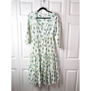 Sweet Baby Jamie Ivory Blue Floral Print Tiered Midi Dress Women's Size Small S